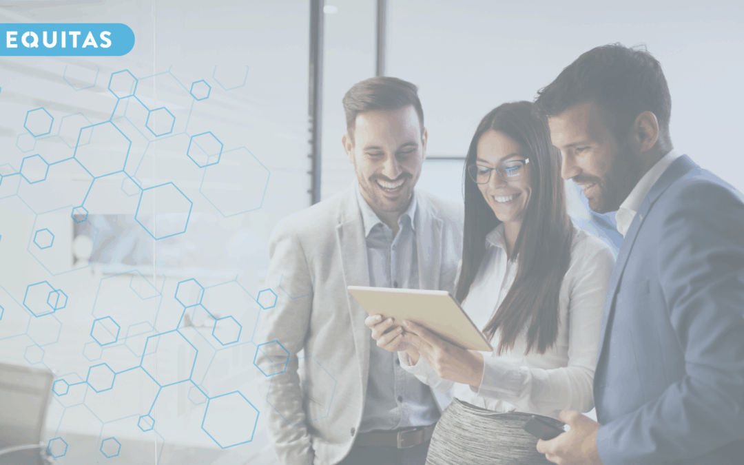 Three business people creating hiring efficiency next to the equitas logo